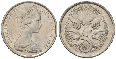 Австралия 5 центов 1981 Елизавета II (1952-2022), ехидна KM 64 медно-никель 4623-317