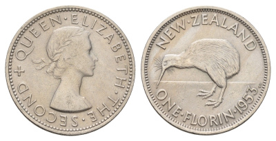 Новая Зеландия 2 шиллинга (флорин) 1953 Елизавета II (1952-2022), птичка киви, год-тип KM 28.1 медно-никель 4127-2013