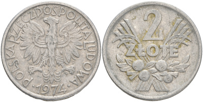 ПОЛЬША 2 ЗЛОТЫХ 1974 MW KM 46 алюминий 4557-1036