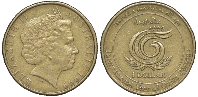 Австралия 1 доллар 1999 Международный год пожилых людей KM 405 алюминиевая бронза 4606-521