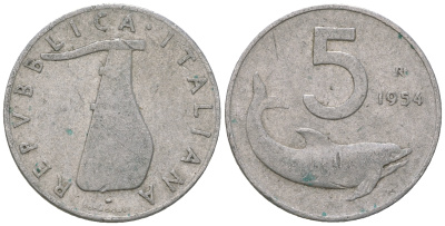 Италия 5 лир 1954 R, руль, дельфин KM 92 алюминий 4576-769