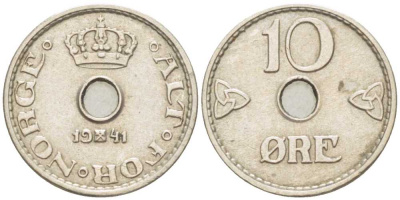 НОРВЕГИЯ 10 ЭРЕ 1941 ХАКОН VII (1905-1957) KM 383 медно-никель 211-1168