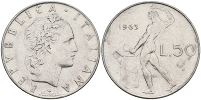 Италия 50 лир 1963 R, бог огня Вулкан у наковальни KM 95.1 нержавеющая сталь 4171-1023