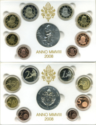 Ватикан евронабор из 8 монет + серебряная медаль 2008 Бенедикт XVI, в оригинальной коробке, с сертификатом KM PS 21 биметалл PROOF 5-4-6-08