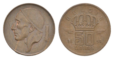 Бельгия 50 сантимов 1953 Belgie KM 145 бронза 4649-562