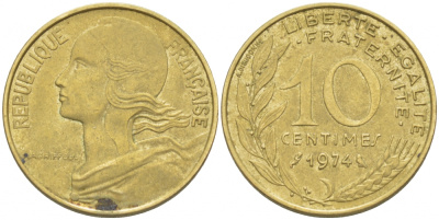 ФРАНЦИЯ 10 САНТИМОВ 1974 ТИП MARIANNE KM 929, LE FRANC 144.14 алюминиевая бронза 3309-1055