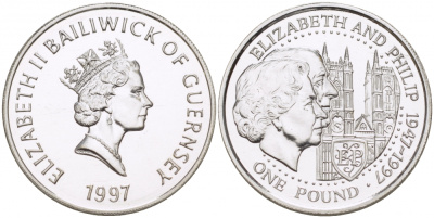 Гернси 1 фунт 1997 Елизавета и Филлип, золотая свадьба KM 70 серебро UNC 650-314