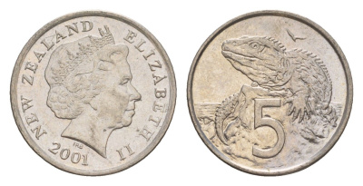 Новая Зеландия 5 центов 2001 Елизавета II (1952-2022), ящерица гаттерия KM 116 медно-никель 4588-254