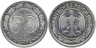 Германия 50 рейхспфеннигов 1938 G J. 324, KM 49 никель PROOF 10-016-31