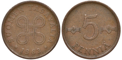 Финляндия 5 пенни 1963 KM 45 медь 4173-659