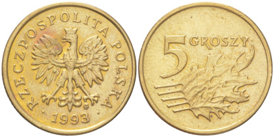 Польша 5 грошей 1993 Y 278 марганец латунь UNC 4614-266