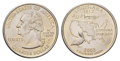 США 25 центов (квотер, 1/4 доллара) 2002 D, Квотер штата Луизиана KM 333 медь плакированный медно-никелем UNC 4628-1221