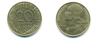 ФРАНЦИЯ 20 САНТИМОВ 1996 KM 930 медь алюминий никель 25-436