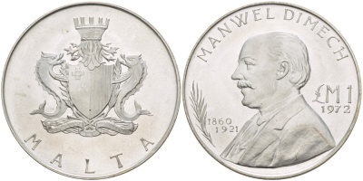 Мальта 1 лира 1972 Мануель Димех, философ KM 13 серебро UNC 1521-312