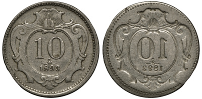 Австрия 10 крейцеров 1893 инкузный брак монетного двора медно-никель 00-817-45