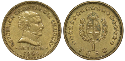 Уругвай 1 песо 1965 KM 46 алюминиевая бронза 106-846