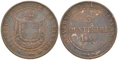 Италия 5 чентезимо 1859 Объединённые провинции Центральной Италии KM 6 бронза 110-825