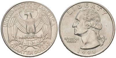 США 25 центов = квотер = 1/4 доллара 1998 P, Джордж Вашингтон KM 164a медь плакированная медно-никелем UNC 190-1256