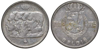 Бельгия 100 франков 1951 Belgie, королевская династия KM 139.1 серебро    1530-632