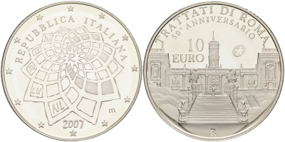 Италия 10 евро 2007 50 лет Римскому договору KM 295 серебро PROOF 06-281-21
