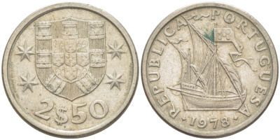 ПОРТУГАЛИЯ 2,5 ЭСКУДО 1978 ПАРУСНИК KM 590 медно-никель 3718-322