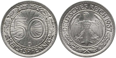 Германия 50 рейхспфеннигов 1937 J J. 324, KM 49 никель UNC 00-817-42
