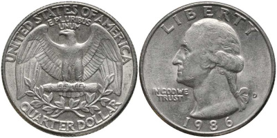 США 25 ЦЕНТОВ = КВОТЕР 1986 D, ВАШИНГТОН KM А164а медь плакированная медно-никелем 113-522