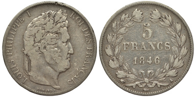 Франция 5 франков 1846 А, Луи Филипп I (1830-1848) LE FRANC 325.10 KM 749.1 серебро 1516-1631