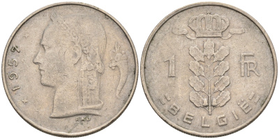 БЕЛЬГИЯ 1 ФРАНК 1957 BELGIE KM 143.1 медно-никель 4563-1217