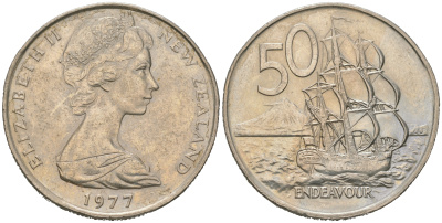 Новая Зеландия 50 центов 1987 Елизавета II (1952-2022), парусник Индевор KM 63 медно-никель 4542-435