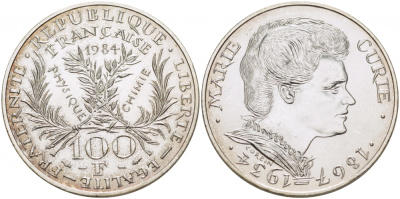 Франция 100 франков 1984 50 лет со дня смерти Марии Кюри KM 955 серебро UNC 4127-131