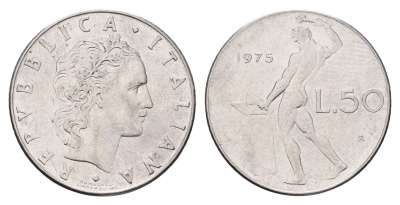 Италия 50 лир 1975 R, бог огня Вулкан у наковальни KM 95.1 нержавеющая сталь 186-951
