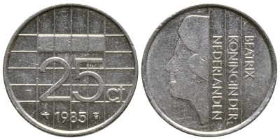 НИДЕРЛАНДЫ 25 ЦЕНТОВ 1985 БЕАТРИКС KM 204 никель 4383-1121