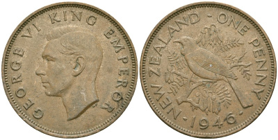 Новая Зеландия 1 пенни 1946 Георг VI (1936-1952), новозеландский туи KM 13 бронза 32-543