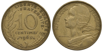 Франция 10 сантимов 1963 тип Marianne KM 929, Le Franc 144.3 медь алюминий никель 186-854