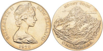 Новая Зеландия 1 доллар 1970 гора Кука, Аораки, Елизавета II (1952-2022) KM 42 медно-никель UNC 4552-1114