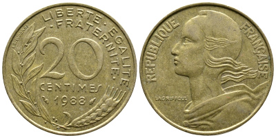 Франция 20 сантимов 1988 тип Марианна KM 930 медь алюминий никель 3461-241