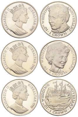 Гибралтар полный набор из 3 монет (1 крона) 1991 10 лет свадьбе Принца Чарльза и Леди Дианы KM 84, 85 и 86 медно-никель BU 1524-1541-1543