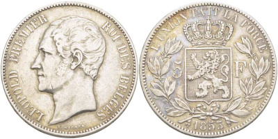 Бельгия 5 франков 1853 Леопольд I (1831-1865) KM 17 серебро 4184-535