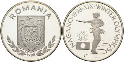 Румыния 100 леев 1998 XVIII зимние Олимпийские игры в Нагано 1998 года, фигурное катание, PIEFORT, пробный выпуск, 53,12 гр KM PnE 353 D1 серебро PROOF 11-116-45