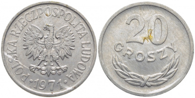 ПОЛЬША 20 ГРОШЕЙ 1971 MW KM А47 алюминий UNC 4448-433