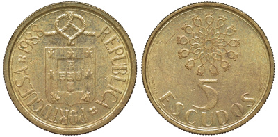 Португалия 5 эскудо 1988 KM 632 никель латунь 4142-1131