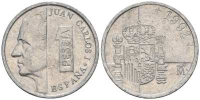 Испания 1 песета 1992 M, Хуан Карлос I (1975-2014) KM 832 алюминий 4602-1152