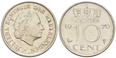Нидерланды 10 центов 1970 Юлиана (1948-1980) KM 182 никель 214-1245