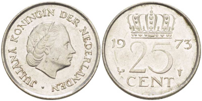 НИДЕРЛАНДЫ 25 ЦЕНТОВ 1973 ЮЛИАНА (1948-1980) KM 183 никель 214-966