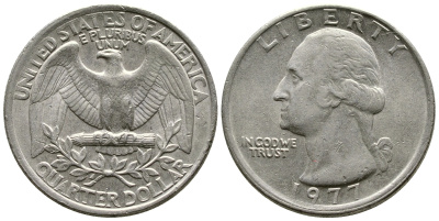США 25 центов (квотер) 1977 Вашингтон KM A164a медь плакированная медно-никелем 57-911