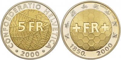 Швецария 5 франков 2000 150 лет Швейцарской национальной монетной системе KM 91 биметалл PROOF 1087-3-52