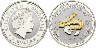 Австралия 1 доллар 2001 восточный календарь, год змеи KM 536a серебро, позолота PROOF 11-083-23