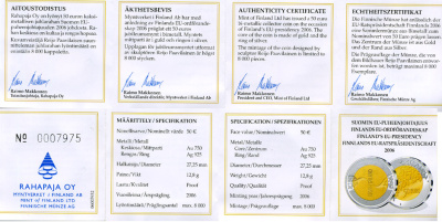 Финляндия 50 евро 2006 Финляндия - председатель ЕС KM 133 золото биметалл PROOF 00-811-12