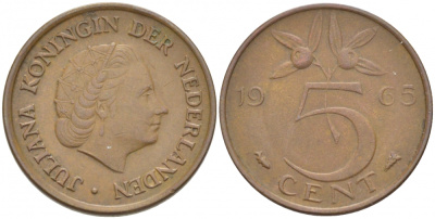 Нидерланды 5 центов 1965 Юлиана (1949-1980) KM 181 бронза 214-819